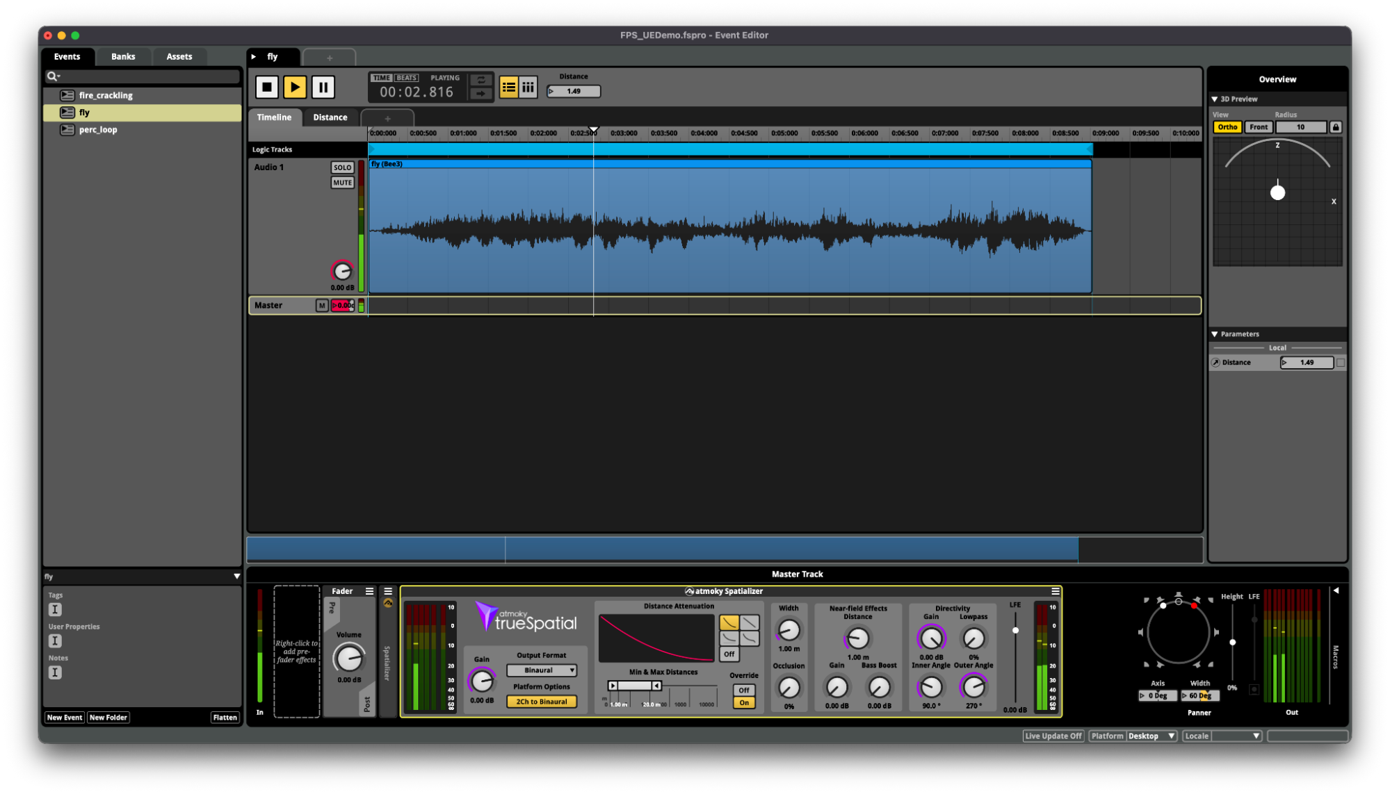atmoky Spatializer plugin in the FMOD Studio signal chain